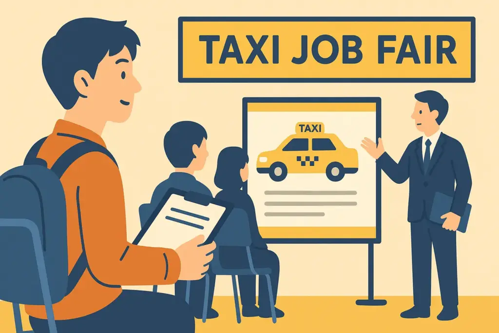 タクシー会社の合同企業説明会に参加する若者のフラットデザインイラスト