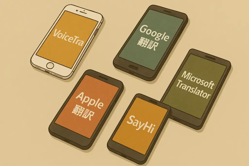 VoiceTra・Google翻訳・Microsoft Translator・Apple翻訳・SayHi翻訳の画面を並べたスマホの俯瞰図