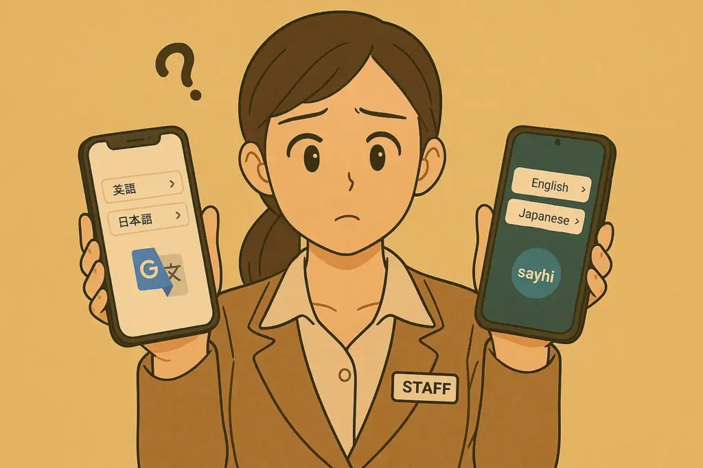 複数の翻訳アプリをスマホで確認しながら、どれを使うか悩んでいる接客スタッフのイメージ