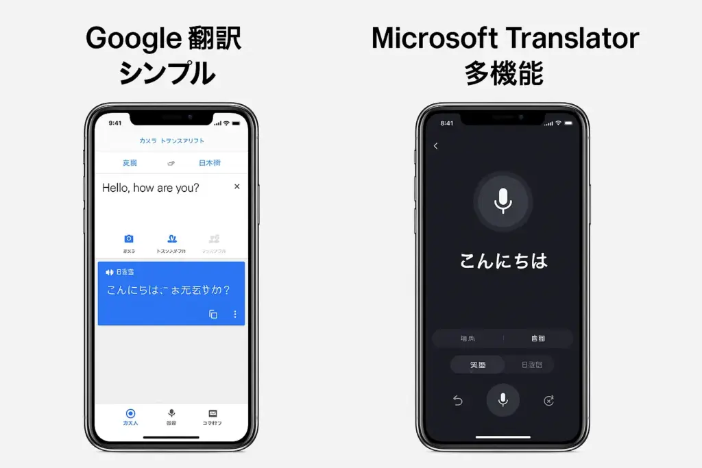 Google翻訳とMicrosoft Translatorの最新の翻訳画面を並べた比較図。Microsoftは背景付きの音声翻訳モード表示
