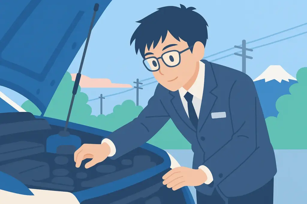 スーツ姿のタクシードライバーがボンネットを開けて車両点検している様子(フラットデザイン)