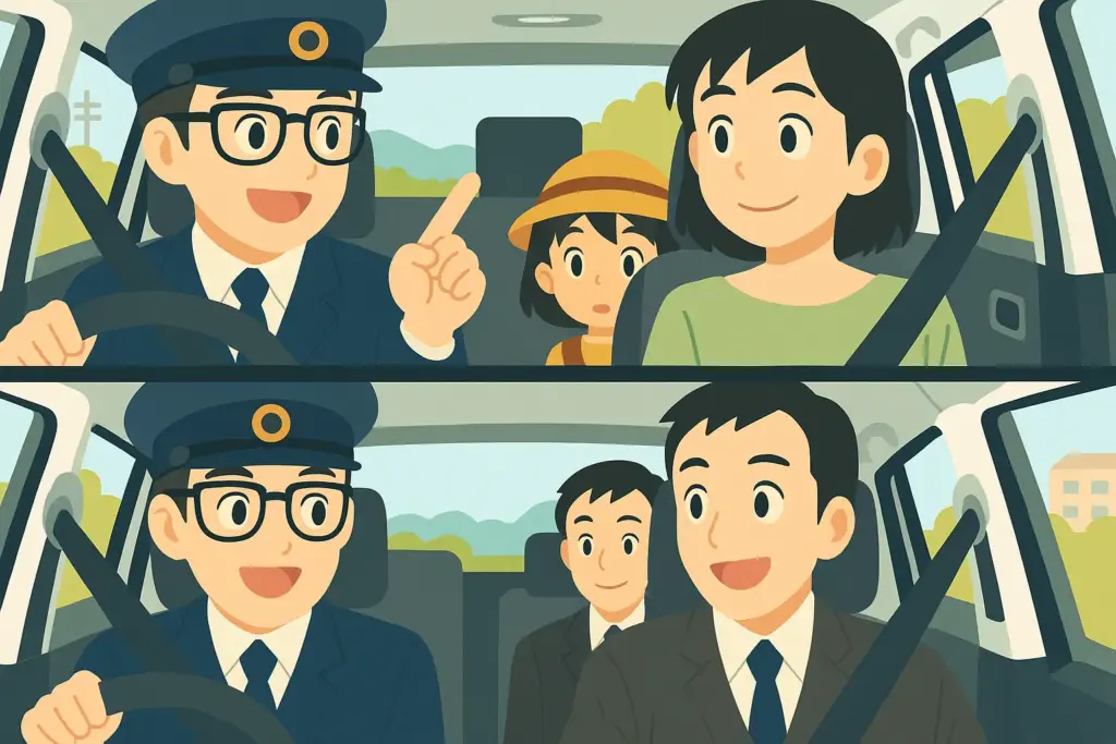 フラットデザインで描かれたタクシードライバーと乗客のやり取りの様子(家族連れ・ビジネスマン)