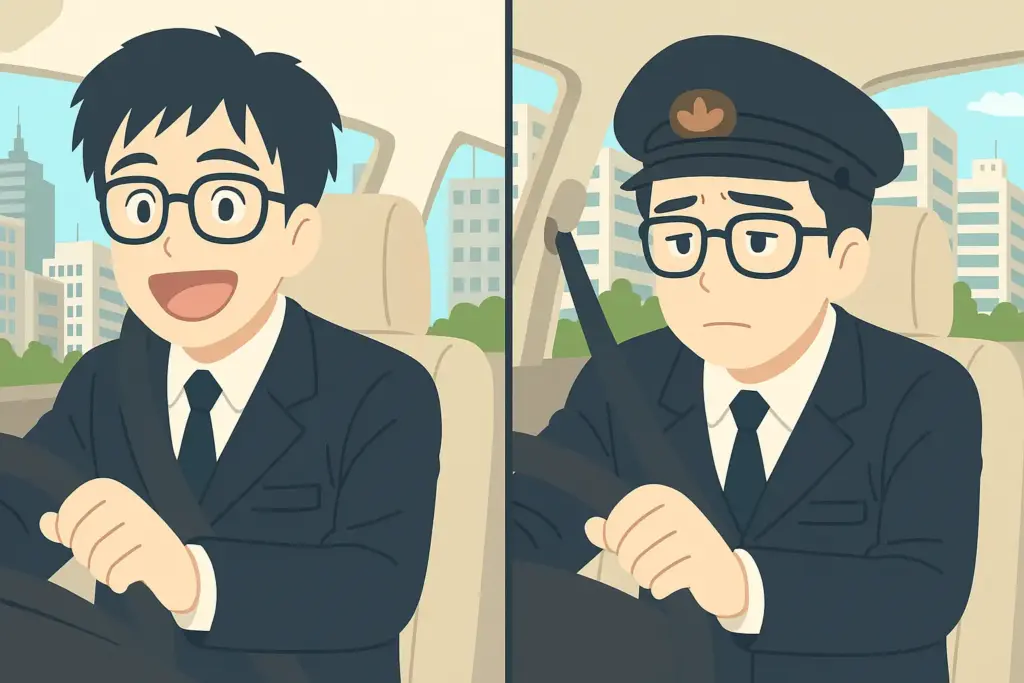 タクシー運転手の仕事に満足しているドライバーと疲れているドライバーを対比したフラットデザインイラスト