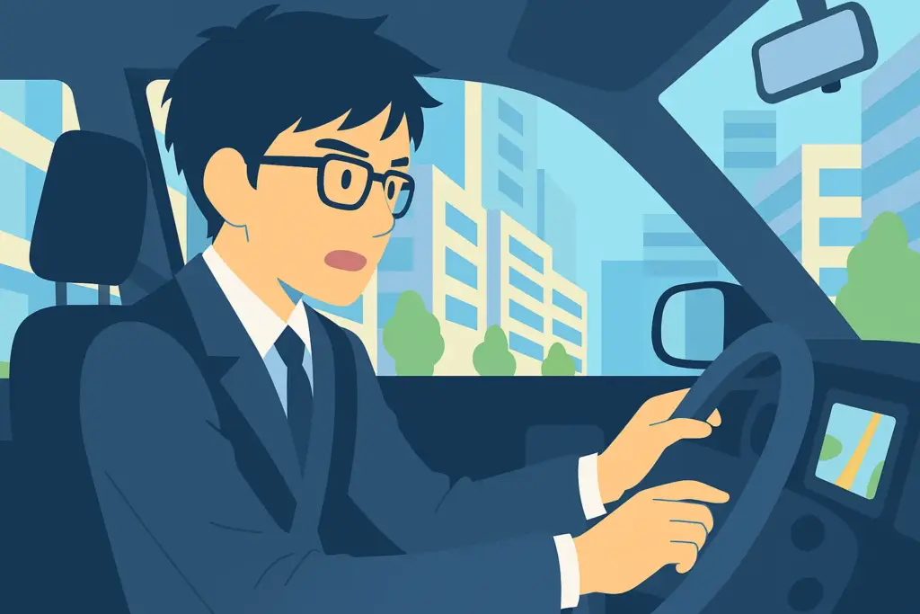 スーツ姿の若い男性がカーナビを見ながら道を探している様子を描いたフラットデザインのイラスト(都市部の車内風景)