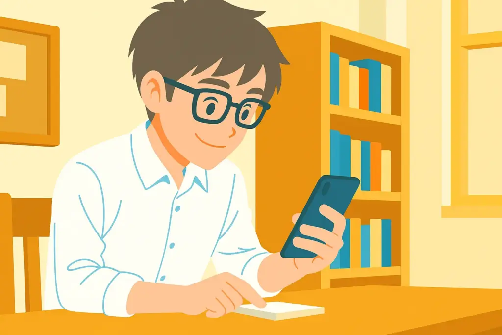 スマートフォンでメモを取る若い男性のフラットデザインイラスト|デジタルノート・在宅作業・ライフスタイル
