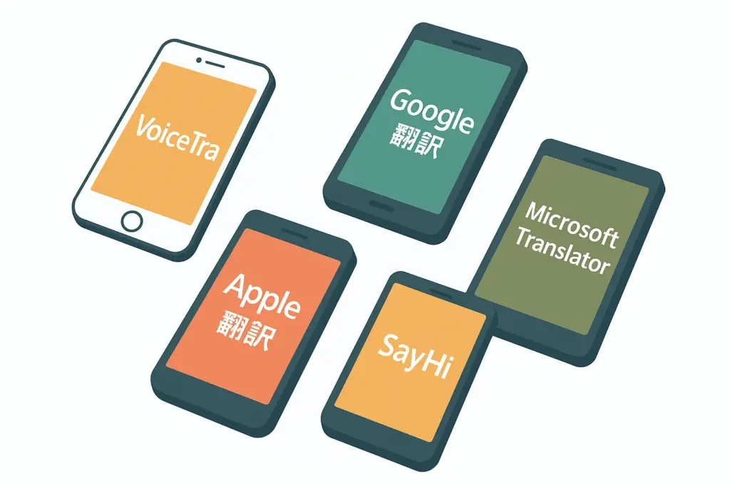 VoiceTra・Google翻訳・Microsoft Translator・Apple翻訳・SayHi翻訳の画面を並べたスマホの俯瞰図