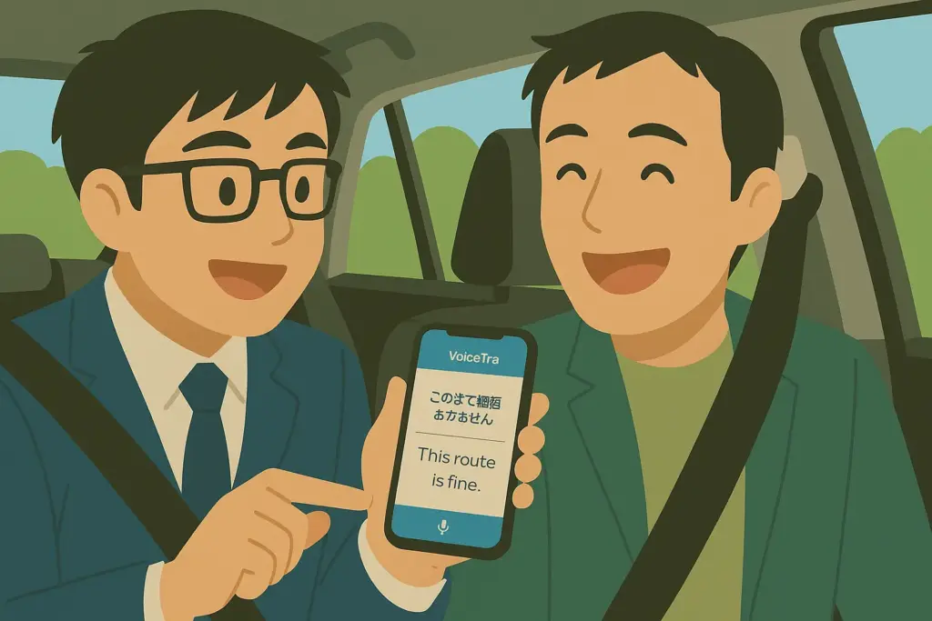 VoiceTraの翻訳結果をスマホに表示し、外国人観光客に見せるタクシードライバー