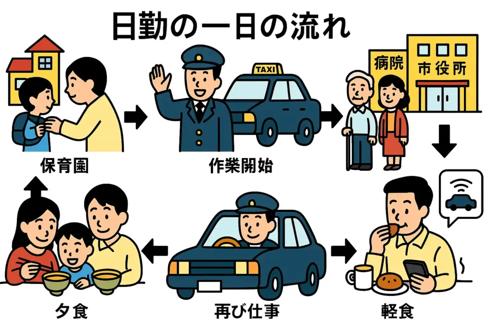 昼日勤タクシードライバーの1日の流れを俯瞰で解説(保育園送迎・出庫・午前乗車・昼休憩・午後乗車・夕方前帰庫までのタイムライン)