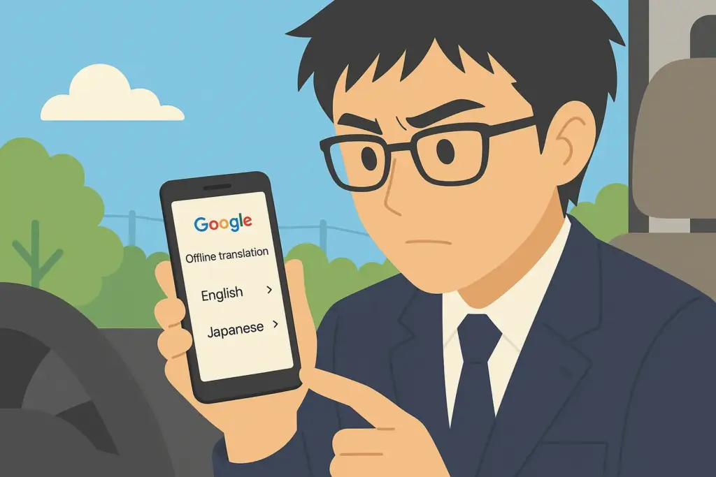 Google翻訳のオフライン翻訳機能を操作しているタクシードライバー