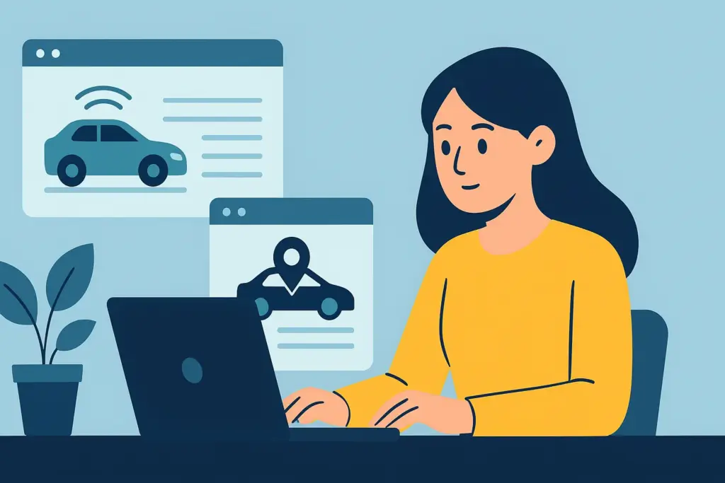自動運転技術とライドシェア事業をPCで調べる女性のイラスト(フラットデザイン)
