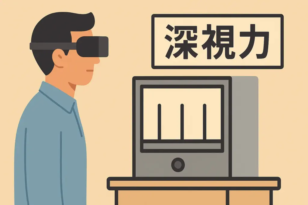 自動車教習所で深視力検査を受ける男性のフラットデザインイラスト