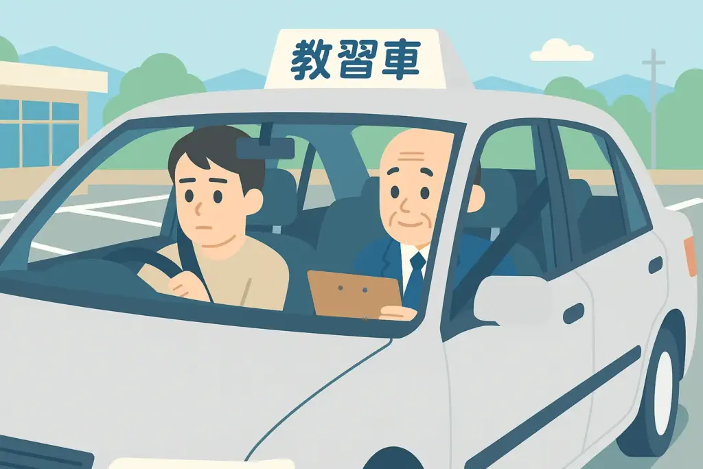 教習所で運転技能講習を受ける生徒と教官のフラットデザインイラスト