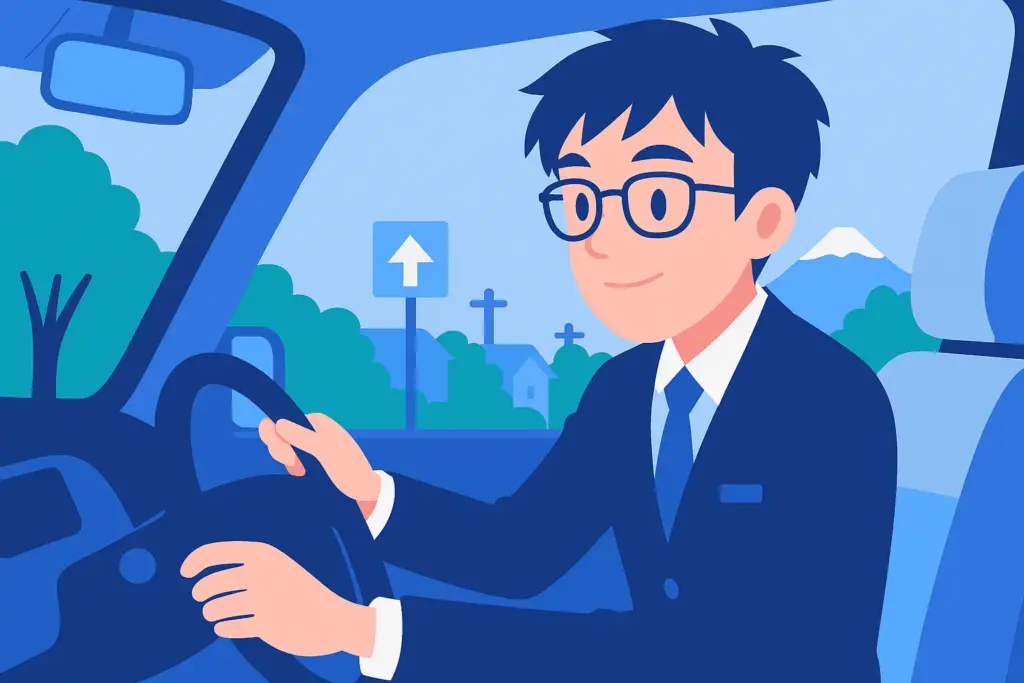 スーツ姿のタクシードライバーが運転中の車内風景(背景に富士山と進行方向標識、早朝の住宅街)をフラットデザインで描いたイラスト