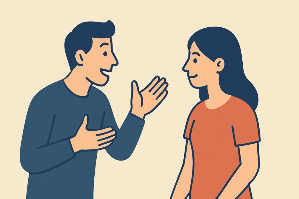 身振り手振りで女性に語りかける男性のイラスト(フラットデザイン)