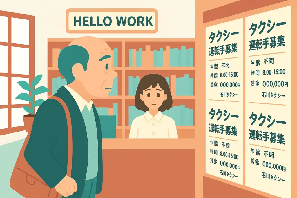 ハローワークでタクシー運転手の求人情報を探す中高年男性のフラットデザインイラスト