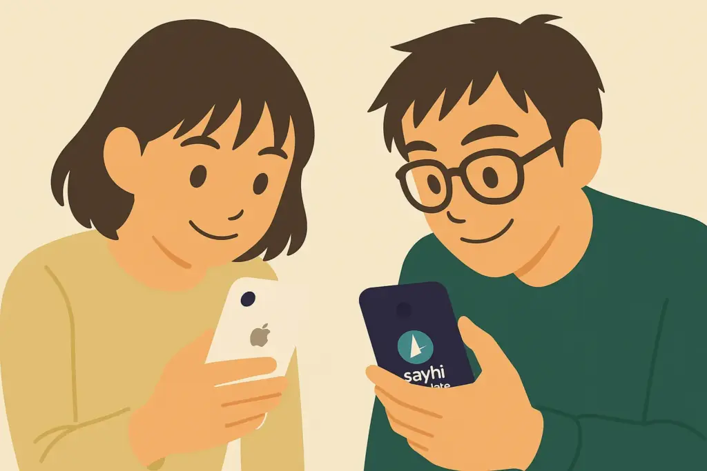 iPhoneユーザーがApple翻訳、AndroidユーザーがSayHi翻訳を操作しているイメージイラスト