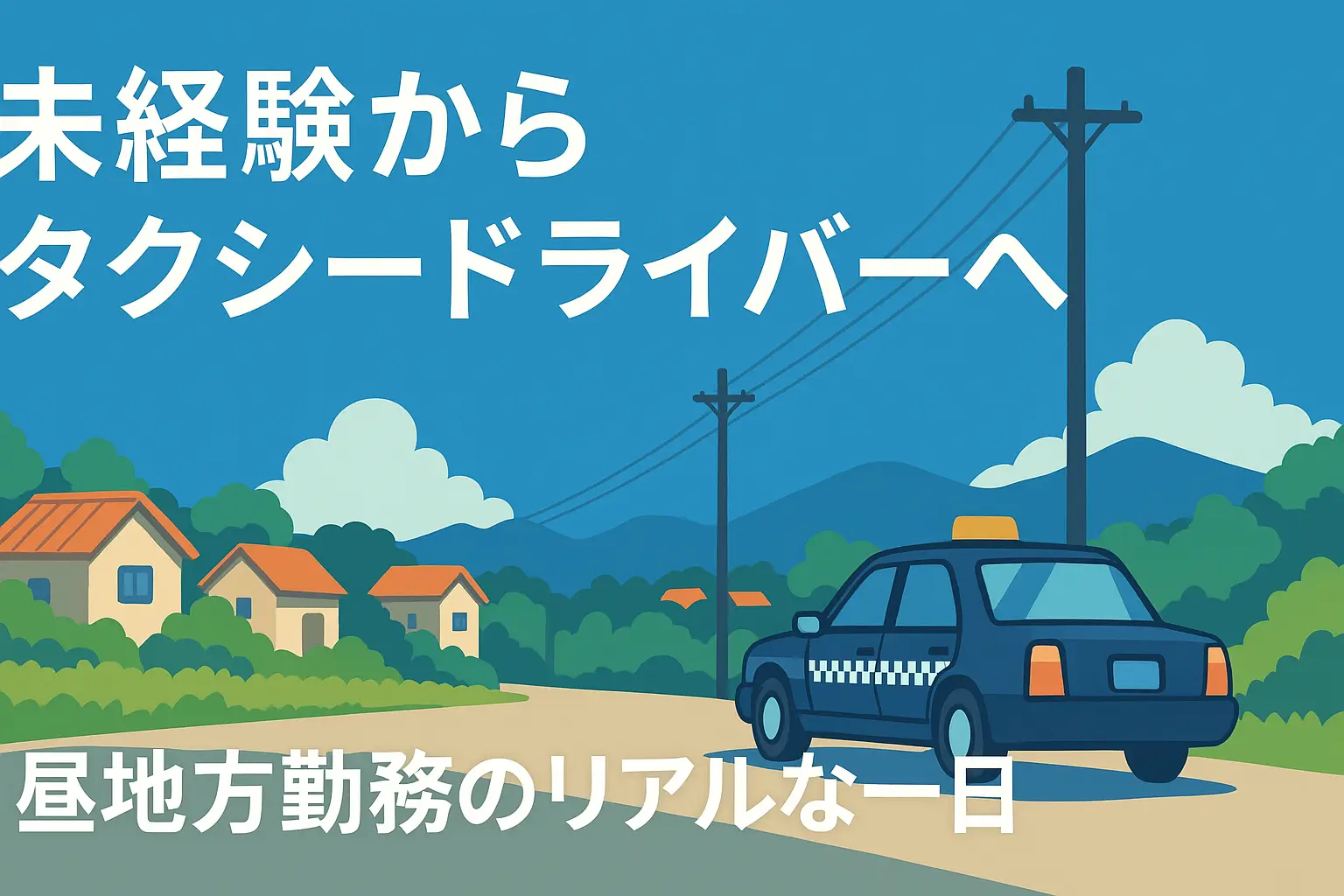未経験から昼日勤タクシードライバーへ転職する地方勤務のイメージ。田舎道を走るタクシーと青空の風景が描かれたフラットデザインのイラスト