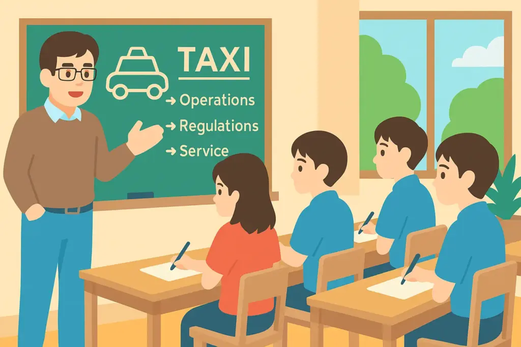 タクシードライバー研修の授業風景を描いたイラスト|教室で講師の話を聞く受講者たち