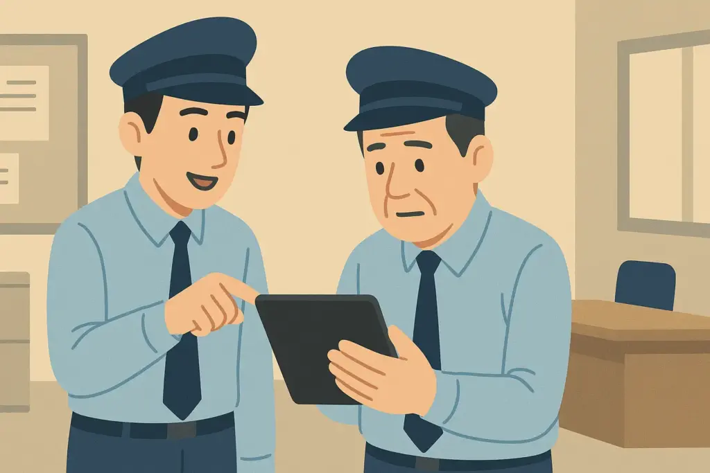 営業所内でタブレット操作を教わる中年のタクシードライバーと先輩ドライバーのイラスト(フラットデザイン)