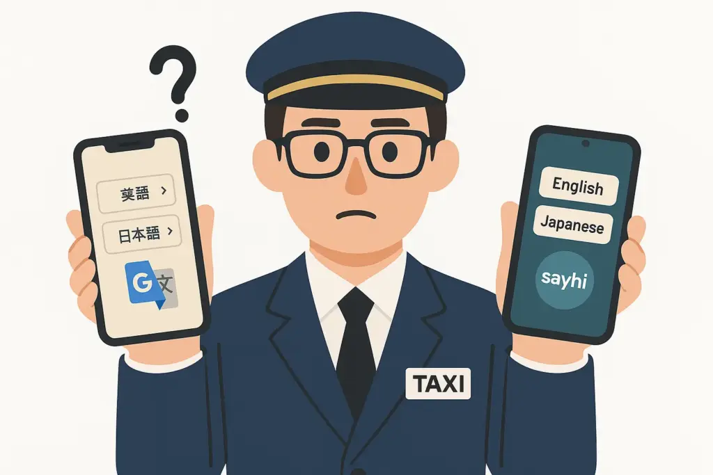 翻訳アプリを比較して困惑するメガネの男性タクシードライバー