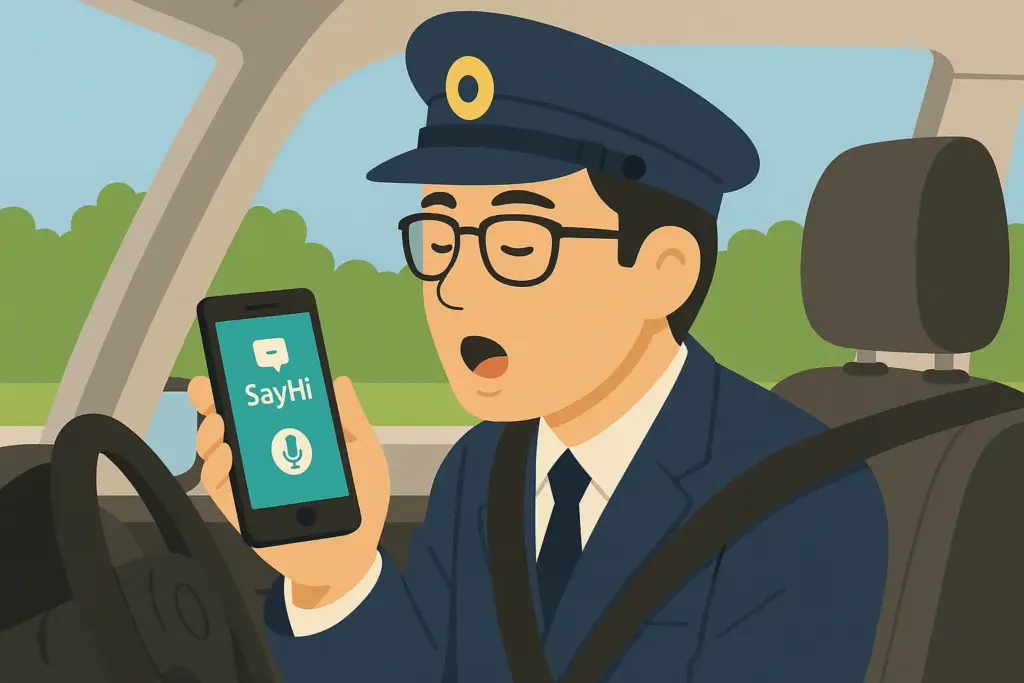 SayHi翻訳アプリに音声入力しているタクシードライバーのイラスト｜インバウンド接客や観光案内をサポートする音声翻訳ツールの利用場面