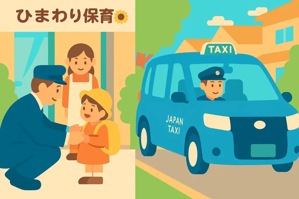 保育園の送迎に対応するタクシードライバーのイラスト|園児と笑顔でやり取りする様子