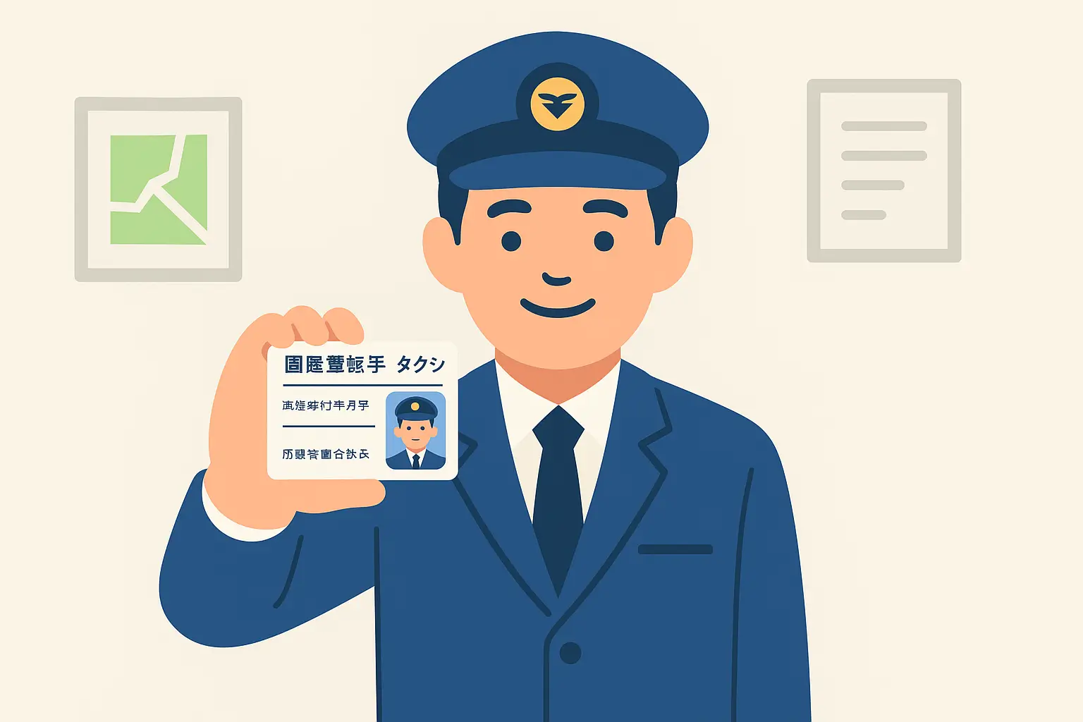 営業所内で運転免許証を提示するタクシードライバーのフラットデザインイラスト