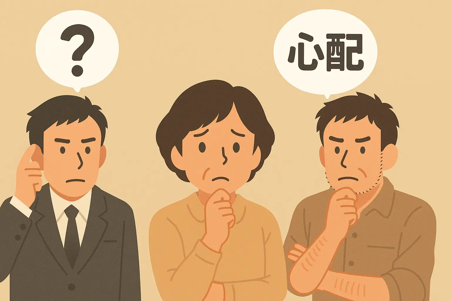 転職に不安を抱える中年男性たちのイラスト|心配・疑問を感じる様子