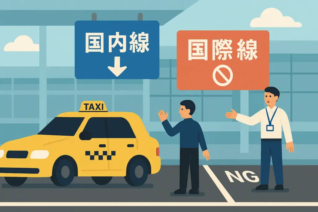 空港での国内線・国際線の降車エリアを示す日本語看板付きのタクシーと乗客のフラットデザインイラスト