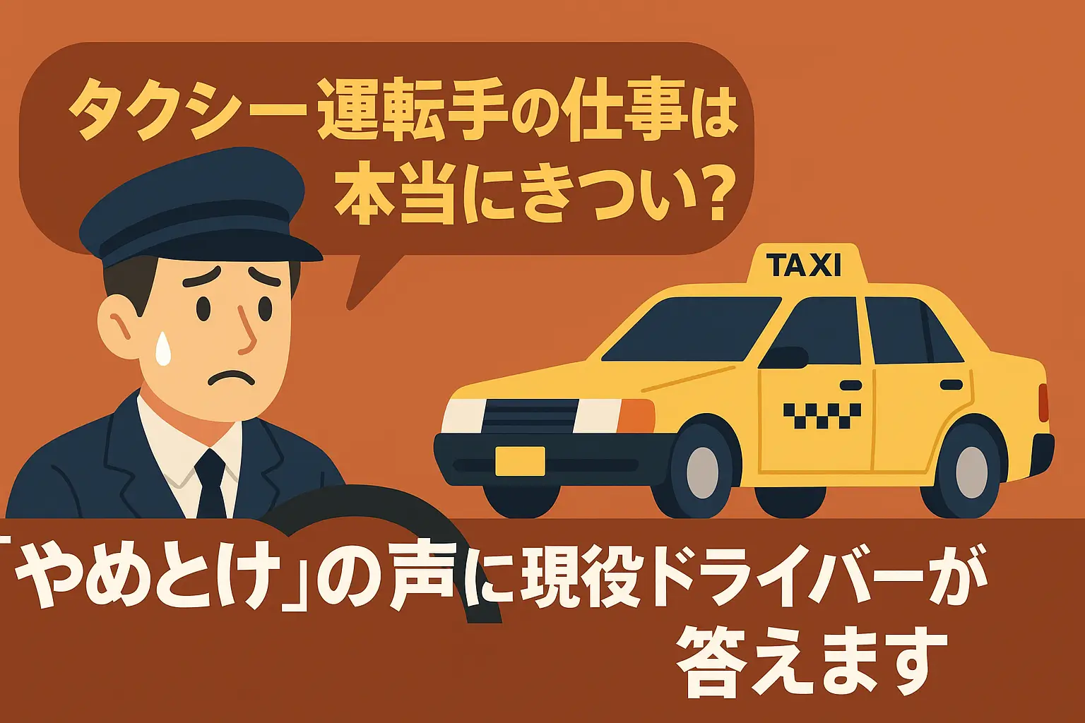 タクシー運転手の仕事は本当にきついのか不安そうな表情で語る現役ドライバーとタクシーのイラスト