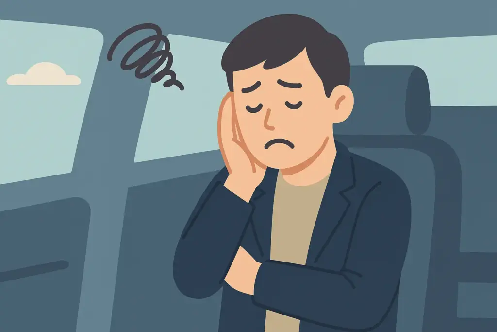 タクシーで領収書を受け取れずに残念そうな表情を浮かべる乗客|車内でうつむき落ち込む様子を描いたフラットデザインイラスト