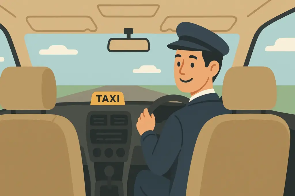 後部座席から見たタクシーの広々とした車内と、笑顔でハンドルを握る清潔感のあるタクシードライバーの背中