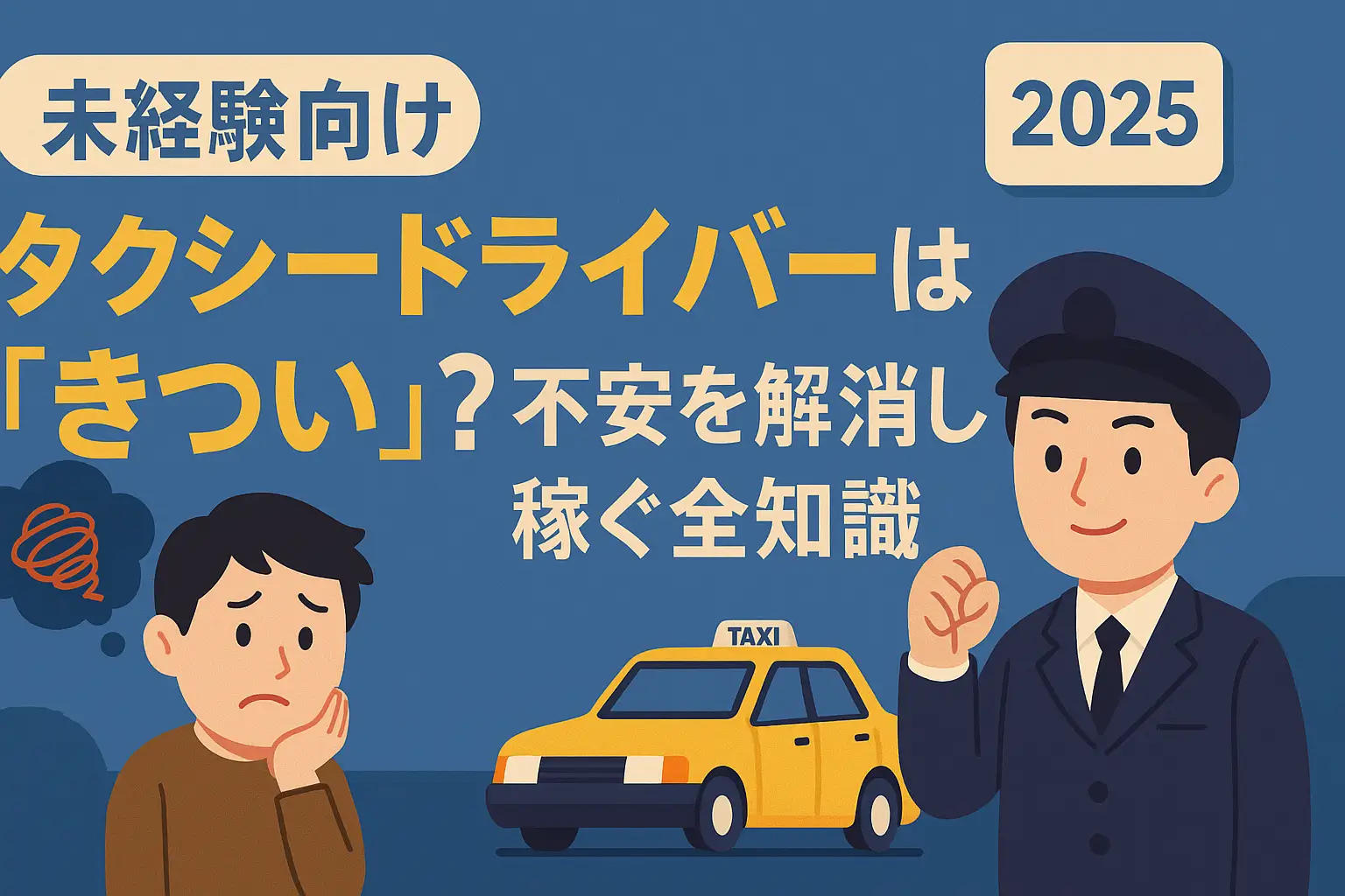 未経験者向けタクシードライバーの不安や「きつい」イメージを解消する2025年版ガイドのアイキャッチ画像。黄色いタクシーと悩む男性、不安を解決しようとする運転手のイラスト付き