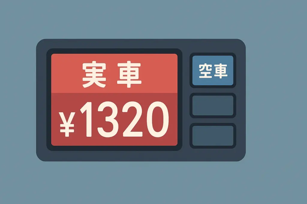 タクシーの料金メーター|「実車」表示と¥1320の金額が表示されたフラットデザインのメーター画像(空車ボタン付き)