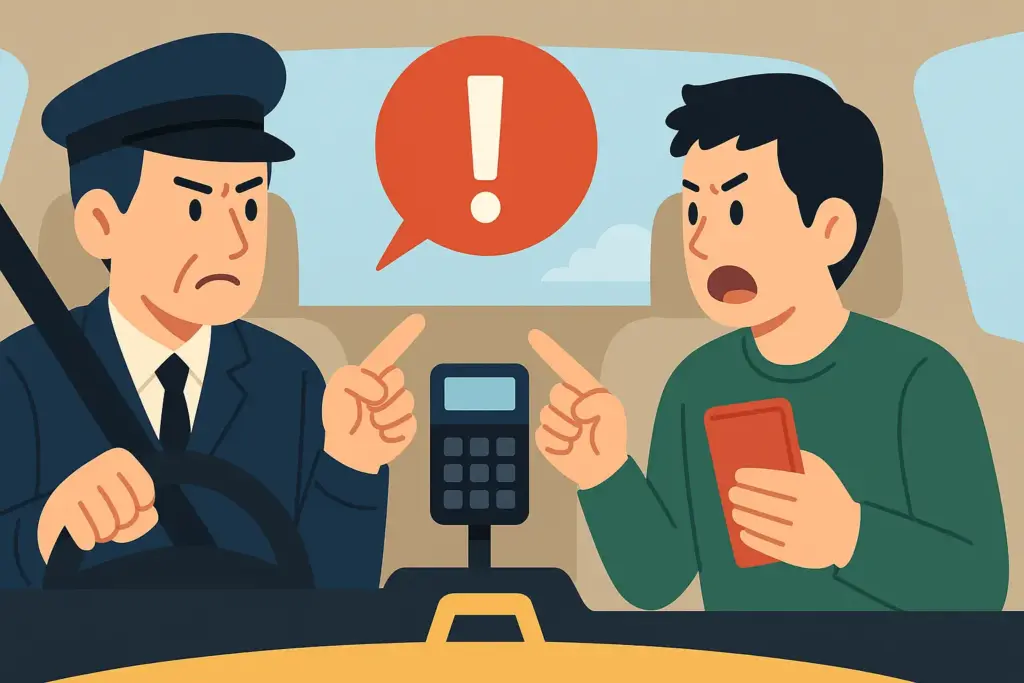車内で支払いトラブルに直面するタクシードライバーと乗客|決済金額をめぐって口論する様子を描いたフラットデザインのイラスト
