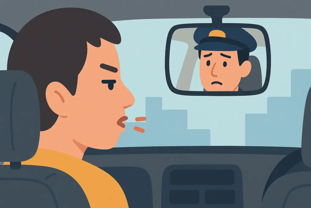 舌打ちする乗客とルームミラー越しに困惑するタクシードライバーの表情を描いたフラットデザインのイラスト
