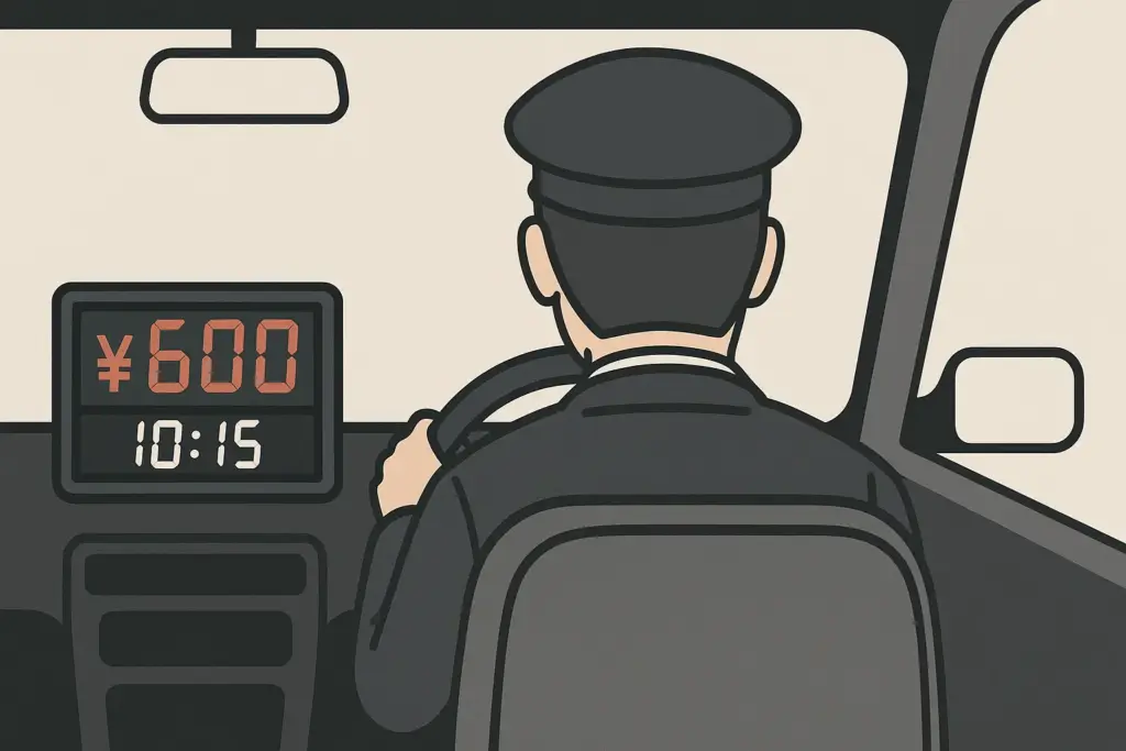 タクシー車内のメーター表示が¥600のまま時間だけが経過している様子|売上が伸びず焦るドライバーの背中
