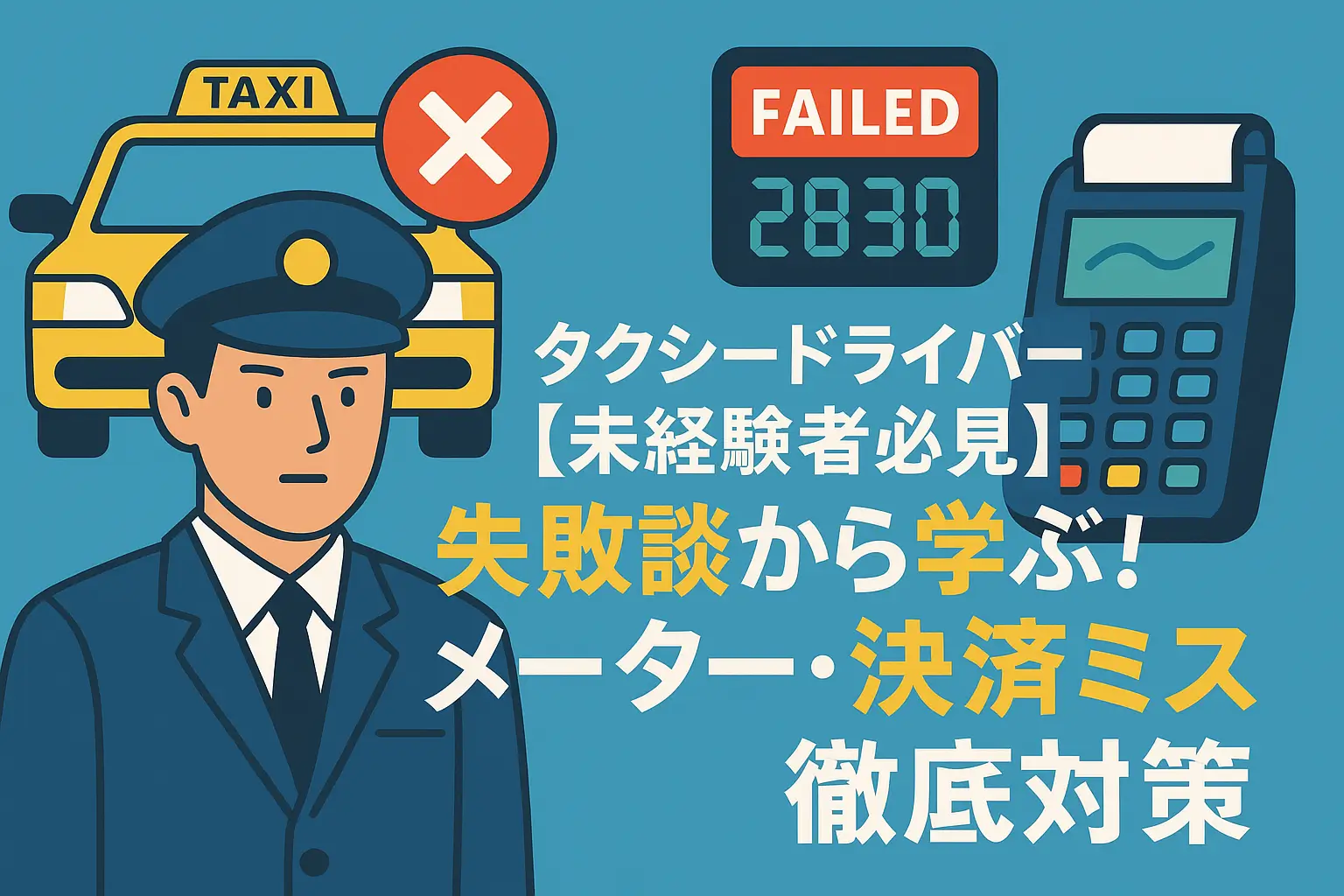 未経験タクシードライバー向け｜メーター・決済ミスの失敗談と対策を解説するフラットデザイン画像