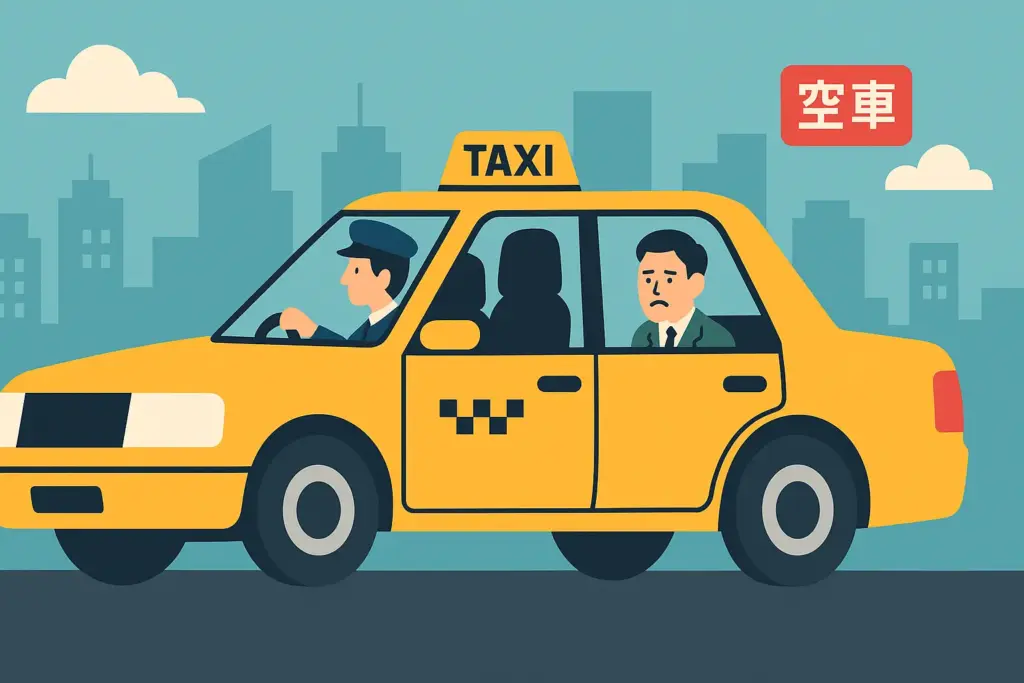 実車に切り替え忘れたまま走行するタクシー|乗客が乗っているのに「空車」表示のまま走行している様子を描いたフラットイラスト