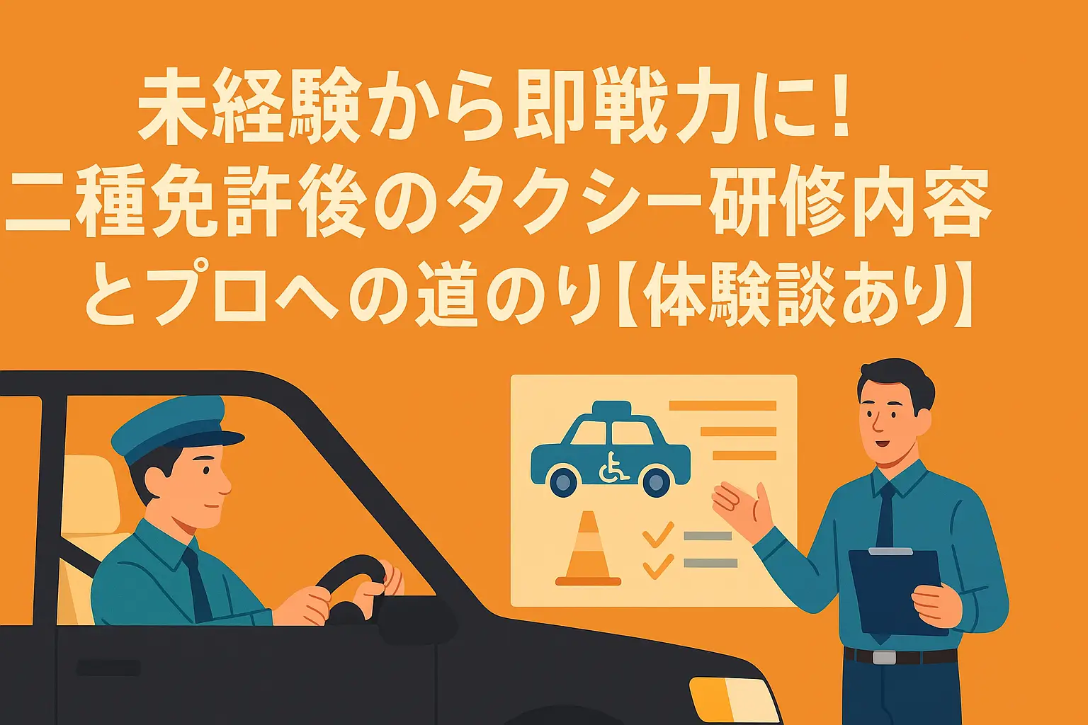 二種免許取得後のタクシー研修を受ける新人ドライバーと指導員の様子を描いたフラットデザインのイラスト