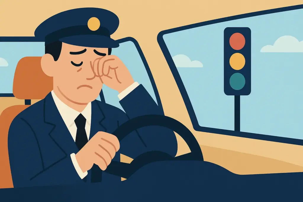 赤信号で目をこするタクシードライバーのフラットデザインイラスト(疲労・長時間運転のイメージ)