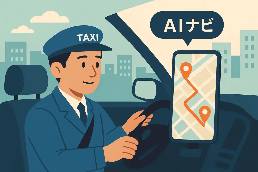 AIナビで安心運転するタクシードライバーのフラットデザインイラスト(地理に不安がある未経験者向け)