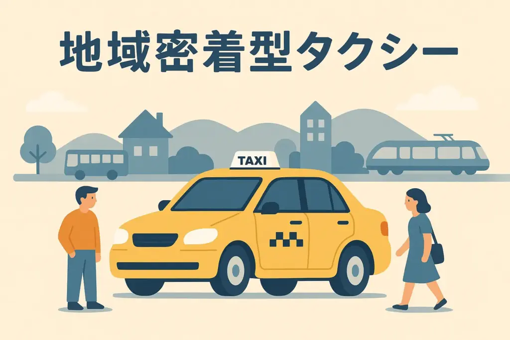 地域密着型タクシーとMaaSによる地方交通の持続可能性を示すフラットデザインイラスト|中小タクシー会社の役割と交通空白地解消