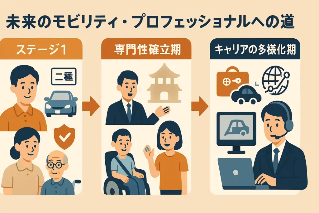 未来のモビリティ・プロフェッショナルへの道を示す3つのステージ(二種免許取得、専門性確立、キャリア多様化)を解説したタクシードライバーのキャリアパス図解