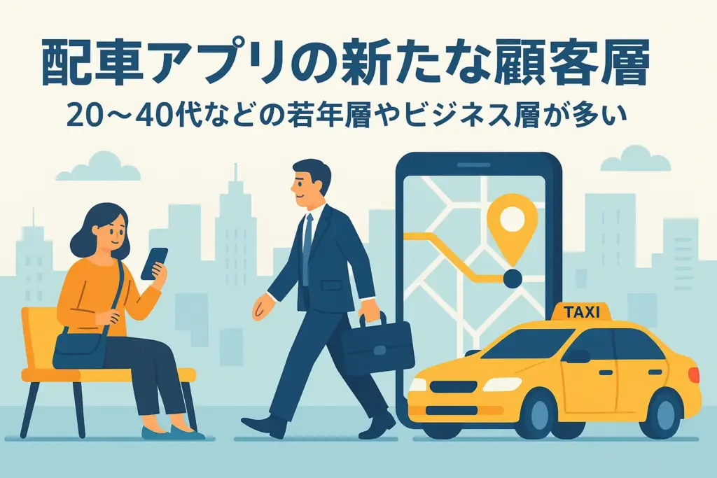 配車アプリの普及で増加する20〜40代の若年層・ビジネス層の利用を表現したフラットデザインのイラスト