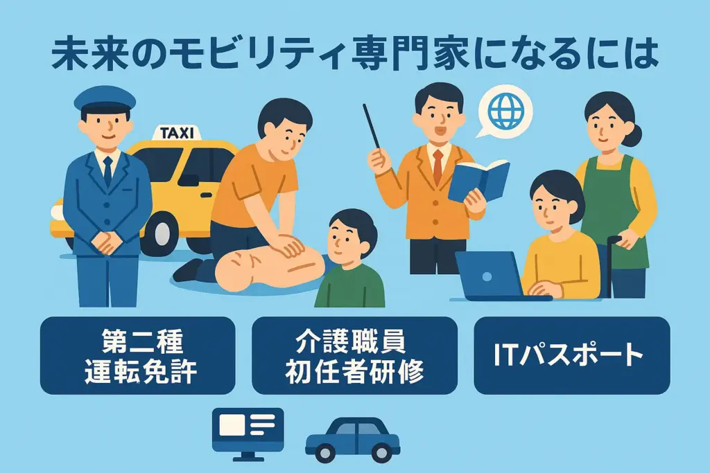 未来のモビリティ専門家に必要な資格と研修を表すフラットデザインのイラスト|二種免許・介護職員初任者研修・ITパスポートなどを学ぶタクシードライバーの学習風景