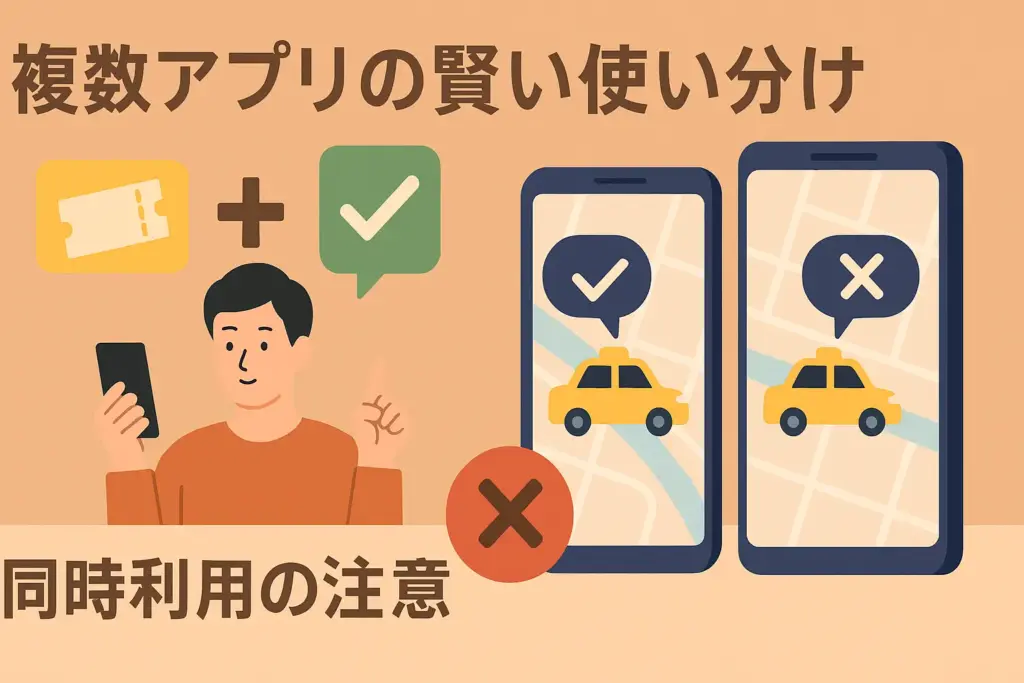 複数の配車アプリを賢く使い分けるタクシードライバーと、同時利用の注意喚起を描いたフラットデザインイラスト