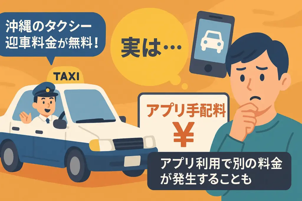 沖縄のタクシー迎車料金とアプリ手配料の違いを説明するフラットデザイン画像。アプリ利用時の追加料金に注意を促すイラスト。