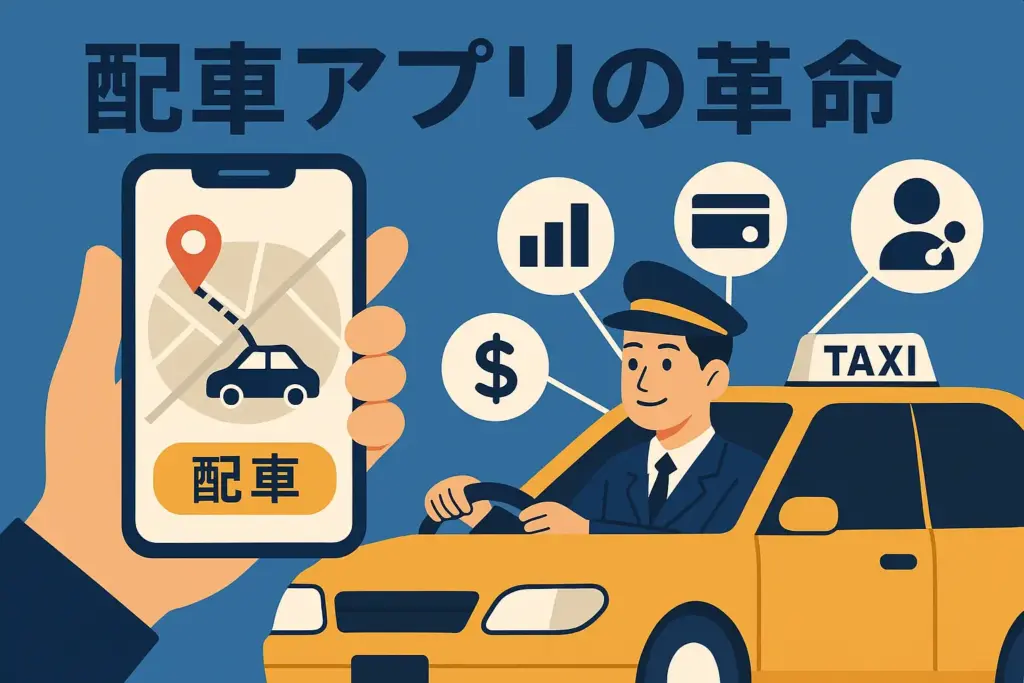 配車アプリの革命によって働き方が進化したタクシードライバーを描くフラットデザインイラスト。キャッシュレス対応や需要予測アイコンも表現。