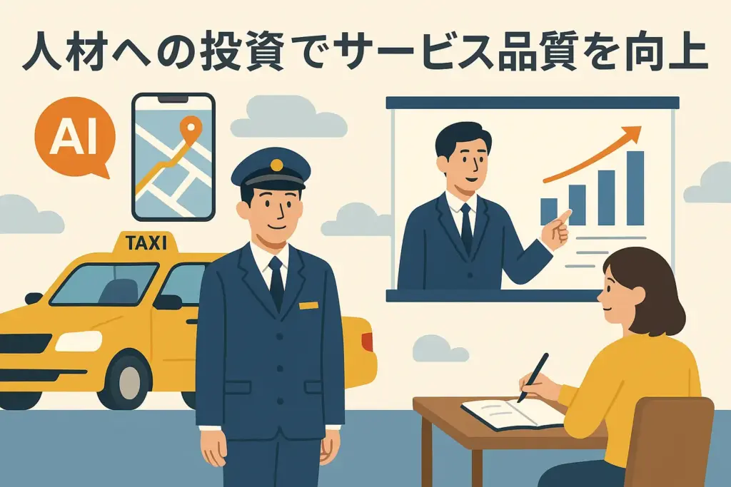 大手タクシー企業がAIと研修制度に投資し、サービス品質を向上させる未来戦略を描いたフラットデザインイラスト